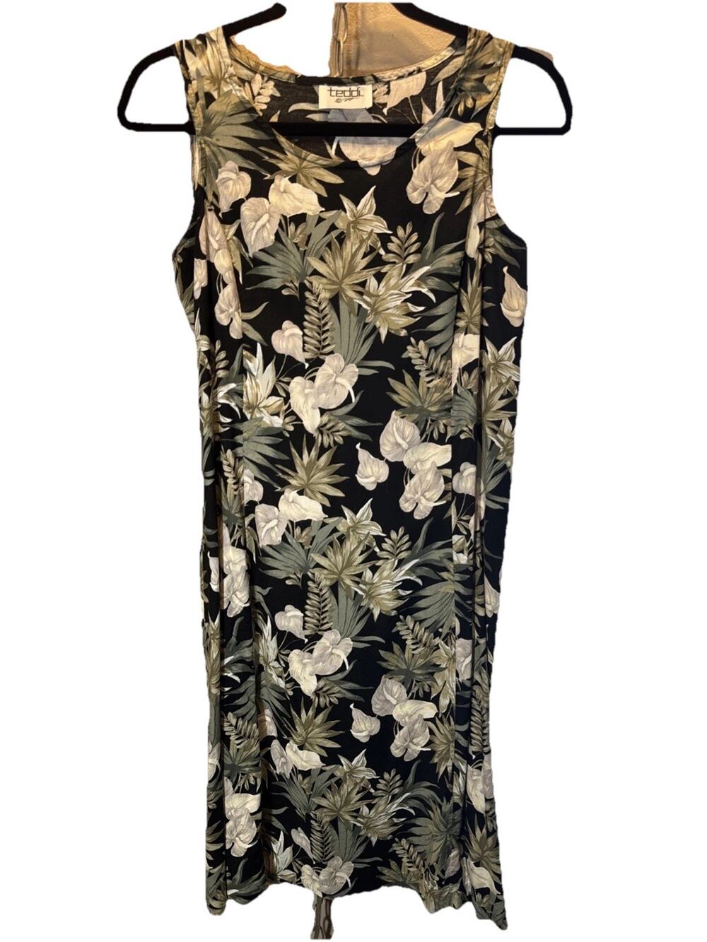 Vintage 90s Teddi Dress Black Green Tropical Sleeveless Midi- Y2K WhimsyGoth- L